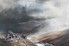 ‡ GEORGE AINSWORTH mixed media - misty mountains with stream and derelict barn,