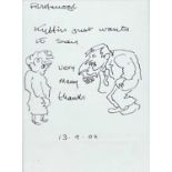 ‡ SIR KYFFIN WILLIAMS RA ink sketch - thank you note and cartoon sketch with inscription 'Kyffin