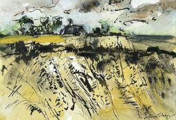 ‡ WILLIAM SELWYN mixed media - view across fields towards distant church, entitled verso '