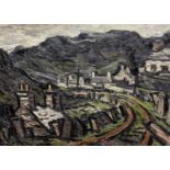 ‡ SIR KYFFIN WILLIAMS RA oil on canvas - railway track and cottages below Snowdon, entitled verso on