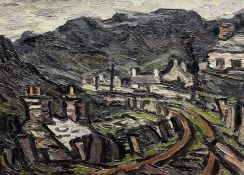 ‡ SIR KYFFIN WILLIAMS RA oil on canvas - railway track and cottages below Snowdon, entitled verso on