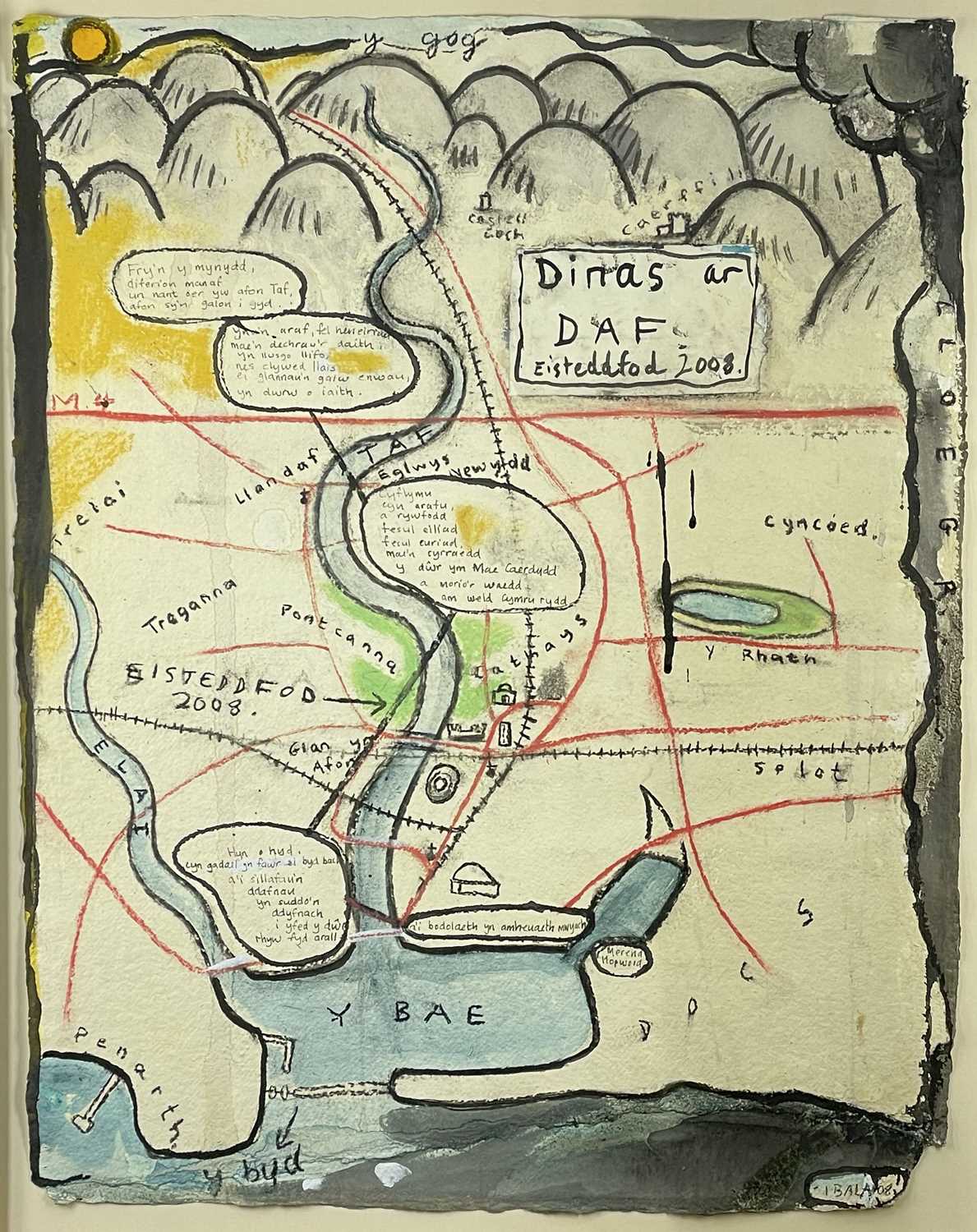 ‡ IWAN BALA mixed media - stylised map of Cardiff with verses, entitled 'Dinas ar Daf' relating to