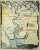 ‡ IWAN BALA mixed media - stylised map of Cardiff with verses, entitled 'Dinas ar Daf' relating to