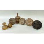 GROUP OF SEVEN VARIOUS SYCAMORE BUTTER STAMPS Welsh, late 19th / early 20th Century, each carved