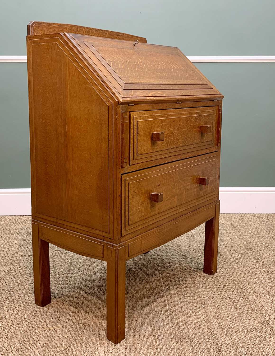 PAUL MATT FOR BRYNMAWR: OAK BUREAU, 1930s, stage back above step moulded angled fall and sides, - Image 3 of 9