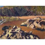 CHRISTOPHER WILLIAMS oil on canvas - beach and rocks, entitled verso 'Llangrannog', dated