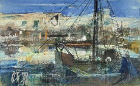 ‡ RAY HOWARD JONES mixed media - fishing boats in harbour, entitled verso 'Fishguard, Lower Town',