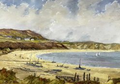 ‡ GWYN RICHARDS watercolour - beach scene with figures and boats, entitled verso 'At Oxwich, Gower',