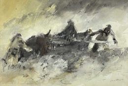 ‡ WILLIAM SELWYN mixed media - fisherman with boat heading out, entitled verso 'Fisherman