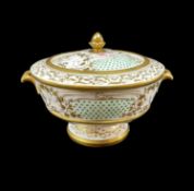 NANTGARW PORCELAIN SAUCE TUREEN & COVER circa 1818-1820, of footed circular form with gilded twin-