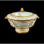 NANTGARW PORCELAIN SAUCE TUREEN & COVER circa 1818-1820, of footed circular form with gilded twin-