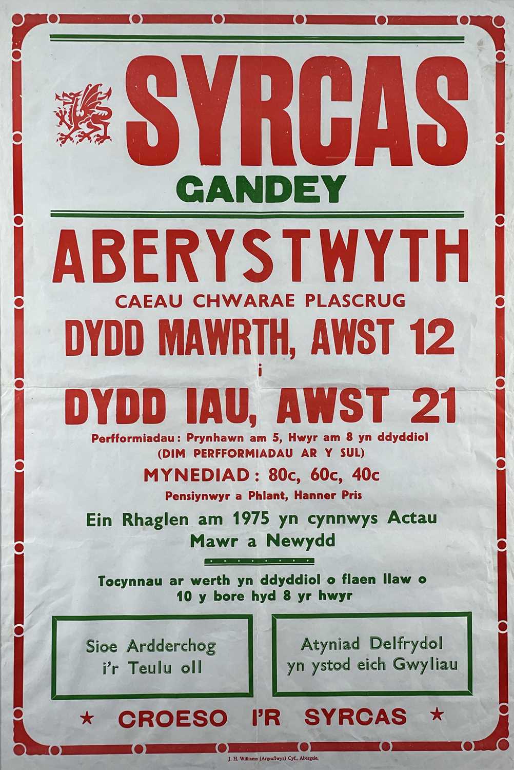 VINTAGE 1975 COLOURED CIRCUS ADVERTISING POSTER in Welsh for Gandey's Syrcas at the Plascrug Fields,