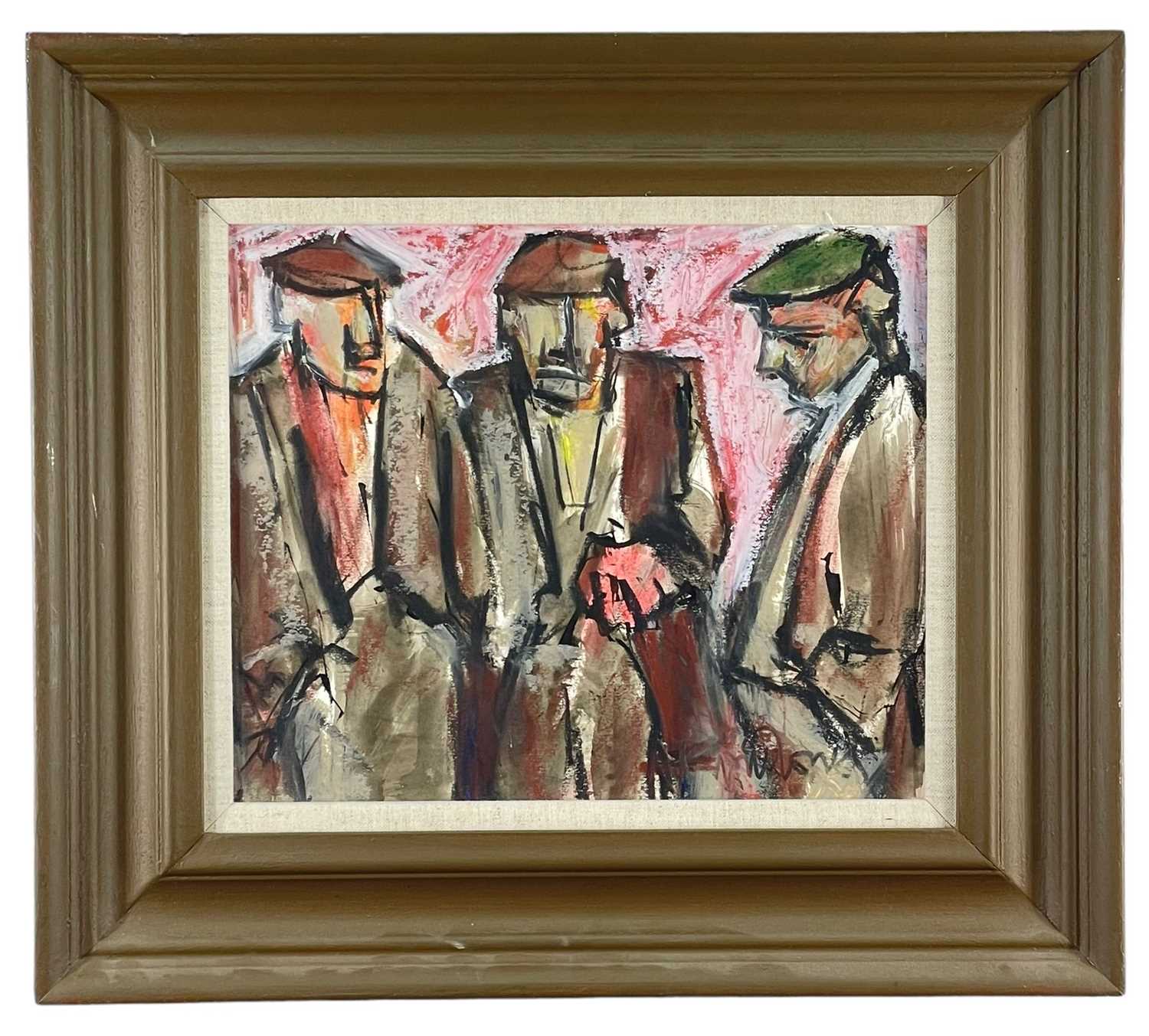 ‡ MIKE JONES mixed media - entitled verso 'Three Farmers', signed, together with inscription - Image 2 of 2
