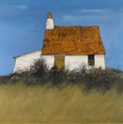 ‡ DAVID HUMPHREYS oil on board - whitewashed cottage with red shingle tiled roof,