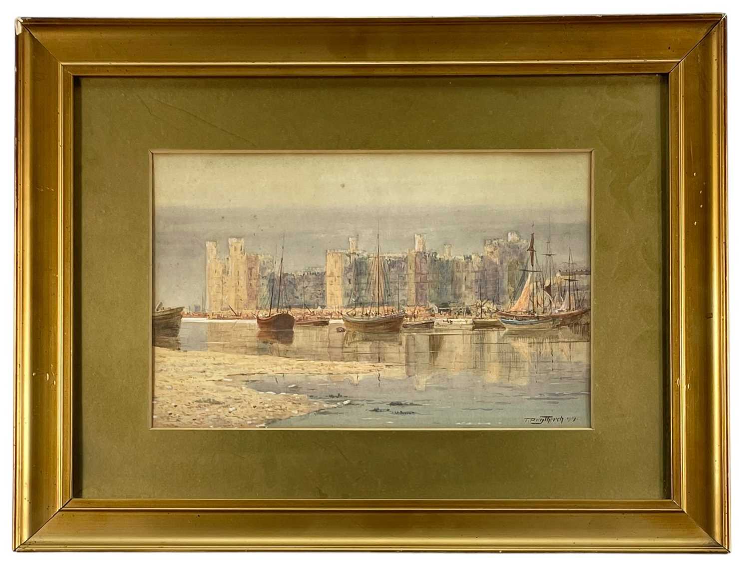 THOMAS PRYTHERCH watercolour - view of Caernarfon Castle across the estuary / harbour with moored - Image 2 of 2