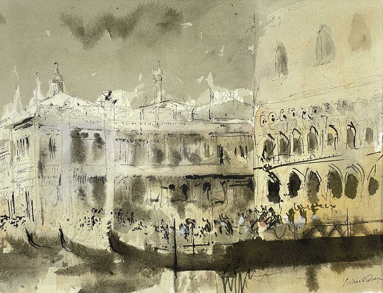 ‡ WILLIAM SELWYN mixed media - Venetian canal scene with gondolas, entitled verso 'The Piazzetta,