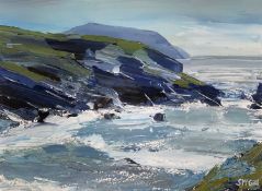 ‡ SIAN McGILL oil on card - seascape with waves breaking on rocks, entitled verso on Albany