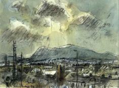 ‡ WILLIAM SELWYN mixed media - view across rooftop towards distant mountains, entitled 'Mynydd