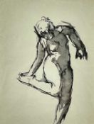 ‡ JOSEF HERMAN OBE RA pen and wash on paper - standing female nude holding right leg up,