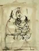 ‡ JOSEF HERMAN OBE RA pen and ink sketch - seated female with head scarf holding a young child,