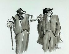 ‡ MIKE JONES inkwash - figure with walking stick and arm leaning on the shoulder of a standing