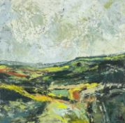 ‡ NICHOLAS WARD oil on canvas - landscape with distant mountain, entitled verso 'Llangynidre Moors
