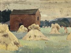 ‡ CHARLES FREDERICK TUNNICLIFFE OBE RA watercolour - barn with haystacks and cattle 'Cheshire Farm',