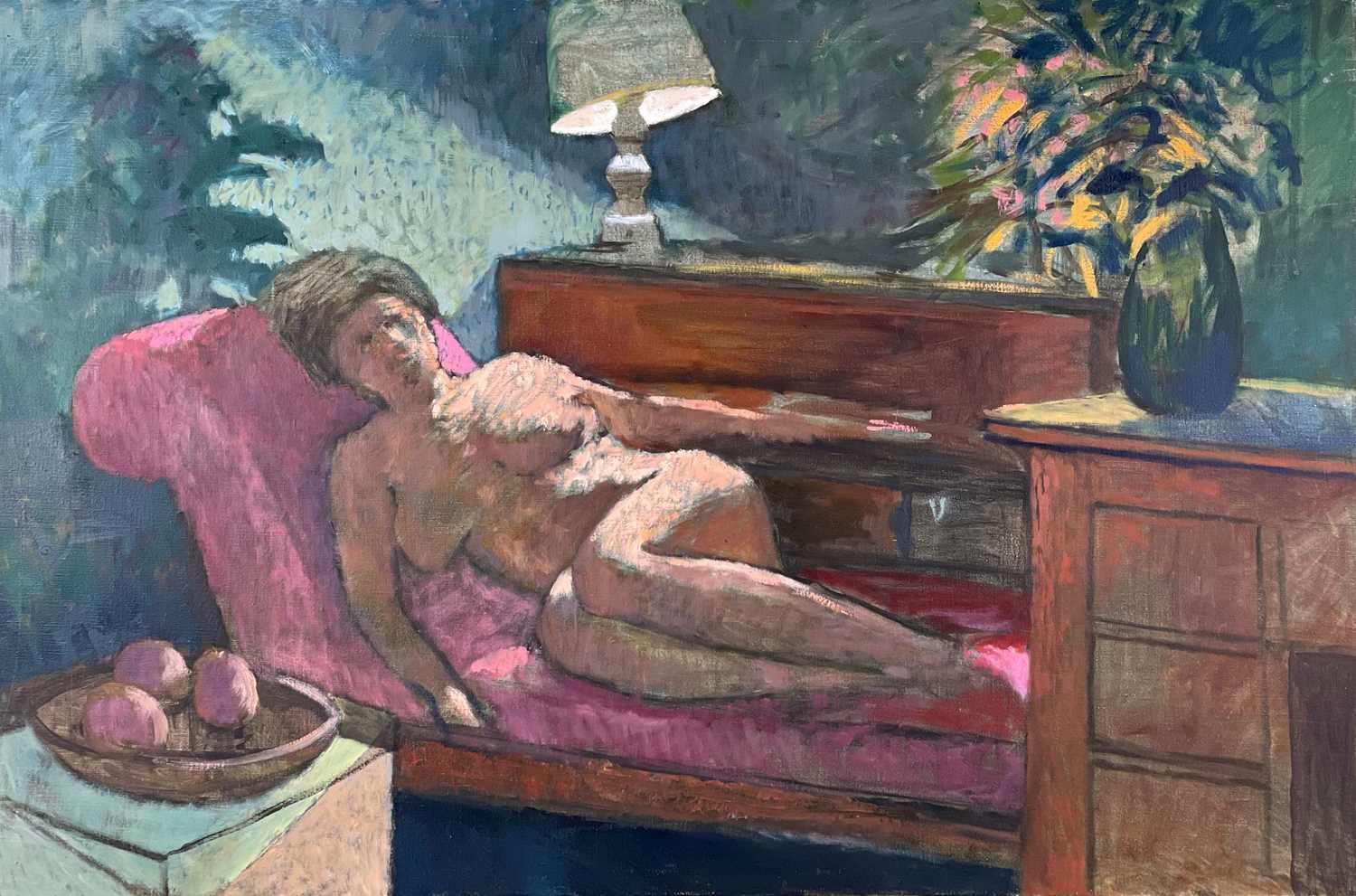 ‡ JOHN ELWYN oil on canvas - reclining nude female on a chaise longue with table lamp, bowl of fruit