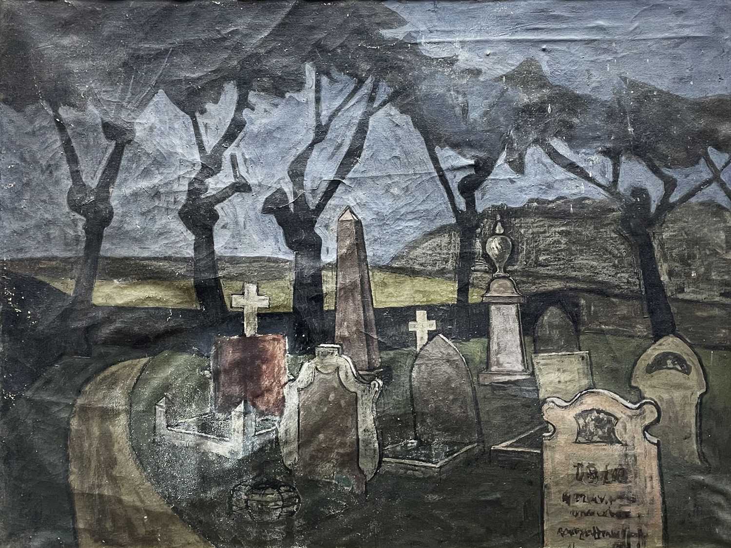 ‡ GEORGE CHAPMAN gouache on paper mounted to board - churchyard scene with gravestones and line of