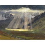 ‡ DAVID WOODFORD oil on card - shafts of sunlight streaming down in Eryri (Snowdonia) valley,