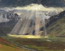 ‡ DAVID WOODFORD oil on card - shafts of sunlight streaming down in Eryri (Snowdonia) valley,