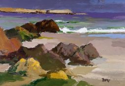 ‡ DONALD McINTYRE acrylic - coastal scene with breaking waves, entitled verso 'The Little Wave',