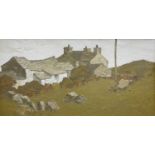 ‡ TOM GERRARD oil on board - Ynys Mon (Anglesey) farm and outbuildings, entitled verso 'Ger