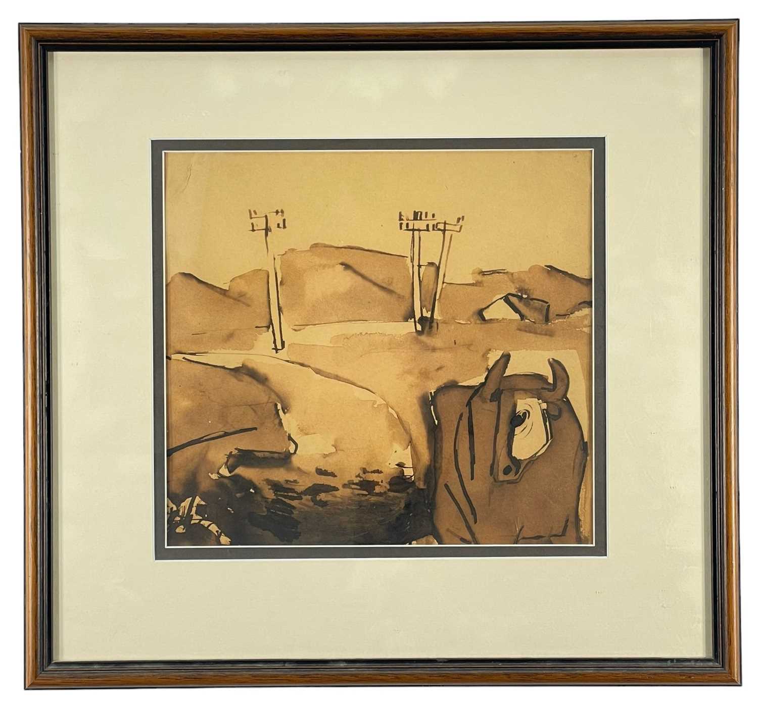 ‡ JOSEF HERMAN OBE RA pen and ink sketch - standing cow with telegraph poles behind, - Image 2 of 2