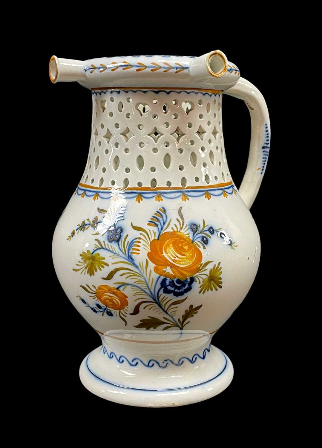 RARE SWANSEA PEARLWARE PUZZLE JUG circa 1800, footed baluster form, pierce-work neck, tubular handle - Image 2 of 3