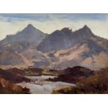 ‡ LEWIS TAYLOR GIBB oil on board - Eryri (Snowdonia) and lake, entitled verso 'View Towards