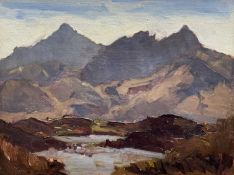 ‡ LEWIS TAYLOR GIBB oil on board - Eryri (Snowdonia) and lake, entitled verso 'View Towards