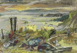 ‡ RAY HOWARD JONES mixed media - coastal landscape with Leicester Galleries exhibition label verso