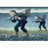 ‡ MURIEL DELAHAYE oil on board - fisherman with catch and nets, signedDimensions: 52 x