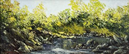 ‡ CHARLES WYATT WARREN oil on board - river flowing through tree lined embankment, entitled verso '