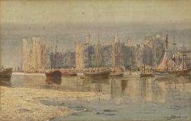 THOMAS PRYTHERCH watercolour - view of Caernarfon Castle across the estuary / harbour with moored