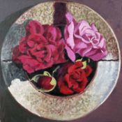 BRYN RICHARDS oil on canvas - pink and red rose heads in a bowl, from the artist's 'Bowl' series,
