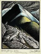 ‡ JOHN PETTS coloured wood engraving - mountain ridge with inscription below 'Bwlch Brwyn, Yr Elen