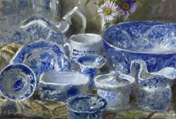 ‡ ANDREW DOUGLAS-FORBES gouache on paper - still life of blue and white pottery with flowers,