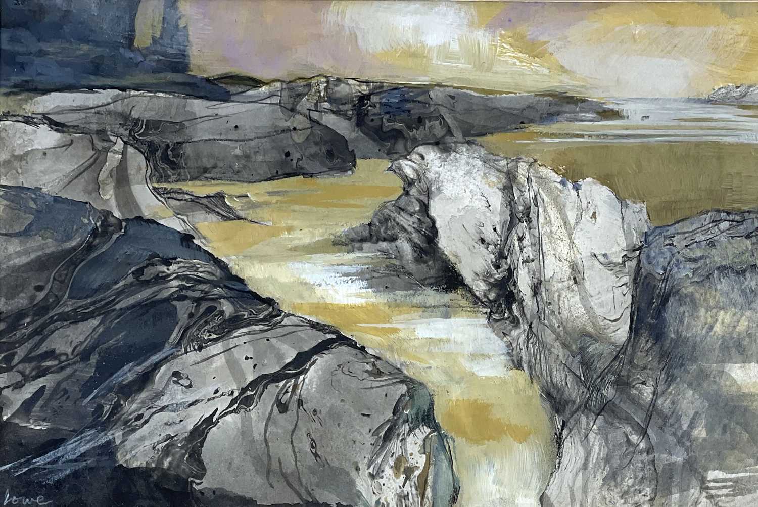 ‡ RONALD LOWE mixed media - rocky coastline at low tide, entitled verso 'Pembrokeshire for Shore