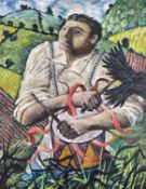 ‡ GARETH H DAVIES oil on board - figure in field with drum and crow, signed verso Dimensions: 78 x