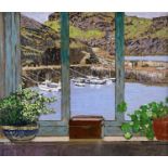 ‡ MIKE HALL acrylic on board - view through window to tethered boats in harbour, entitled verso '