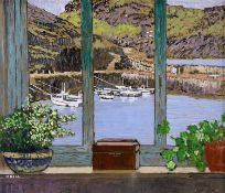 ‡ MIKE HALL acrylic on board - view through window to tethered boats in harbour, entitled verso '