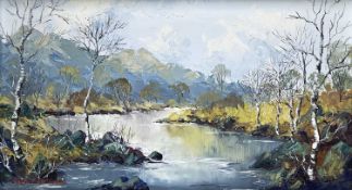 ‡ CHARLES WYATT WARREN oil on board - Snowdonia river flanked with birch trees, signed Dimensions:
