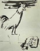‡ JOSEF HERMAN OBE RA pen and ink sketch - crowing cockrel with crouched figure holding figure to